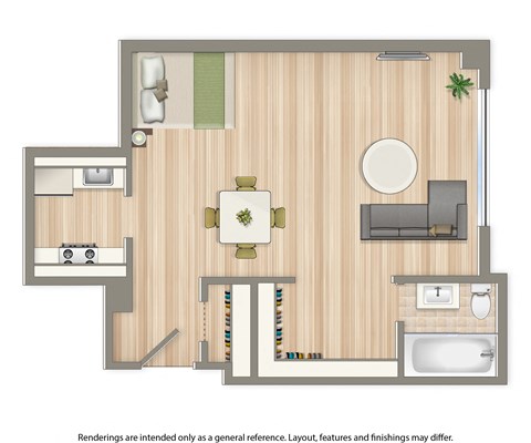 a rending of a studio floor plan of the apartment at baystate in washington dc